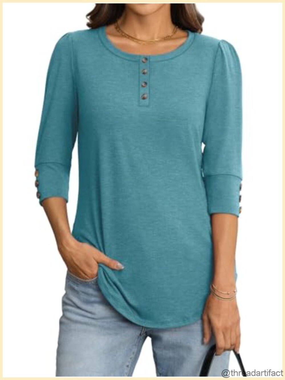 Womens 3/4 Sleeve Henley Tunic Blouse Button Front Casual Dressy Top